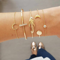 Thumbnail for Trendy Gold Silver Crystal Leaf Moon Arrow Cat Bracelet set for Women Geometric Adjustable Bracelet Bangle Pulseiras